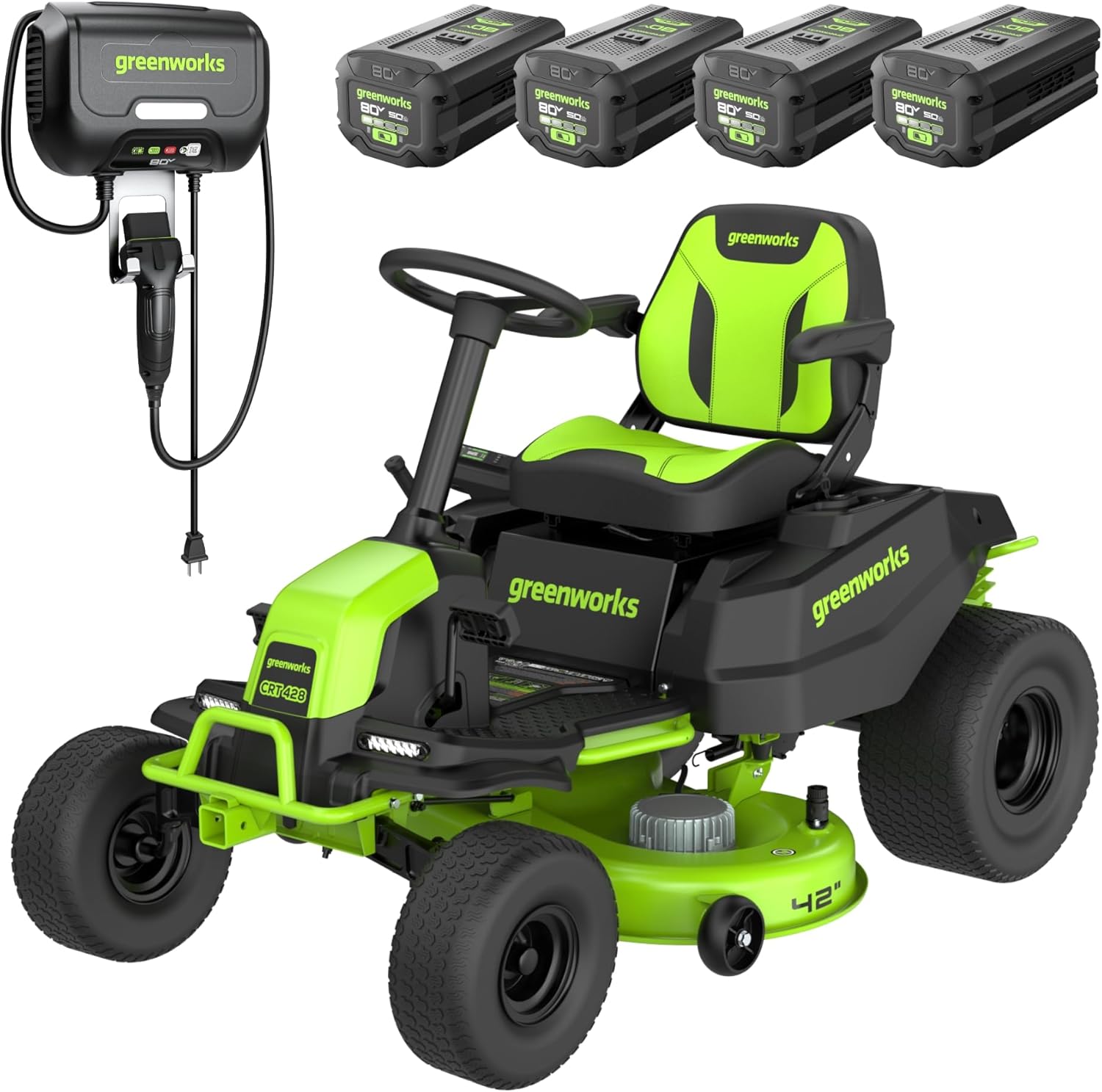 Greenworks 80V 42" Riding Lawn Mower, 4 Batteries & Turbo Charger