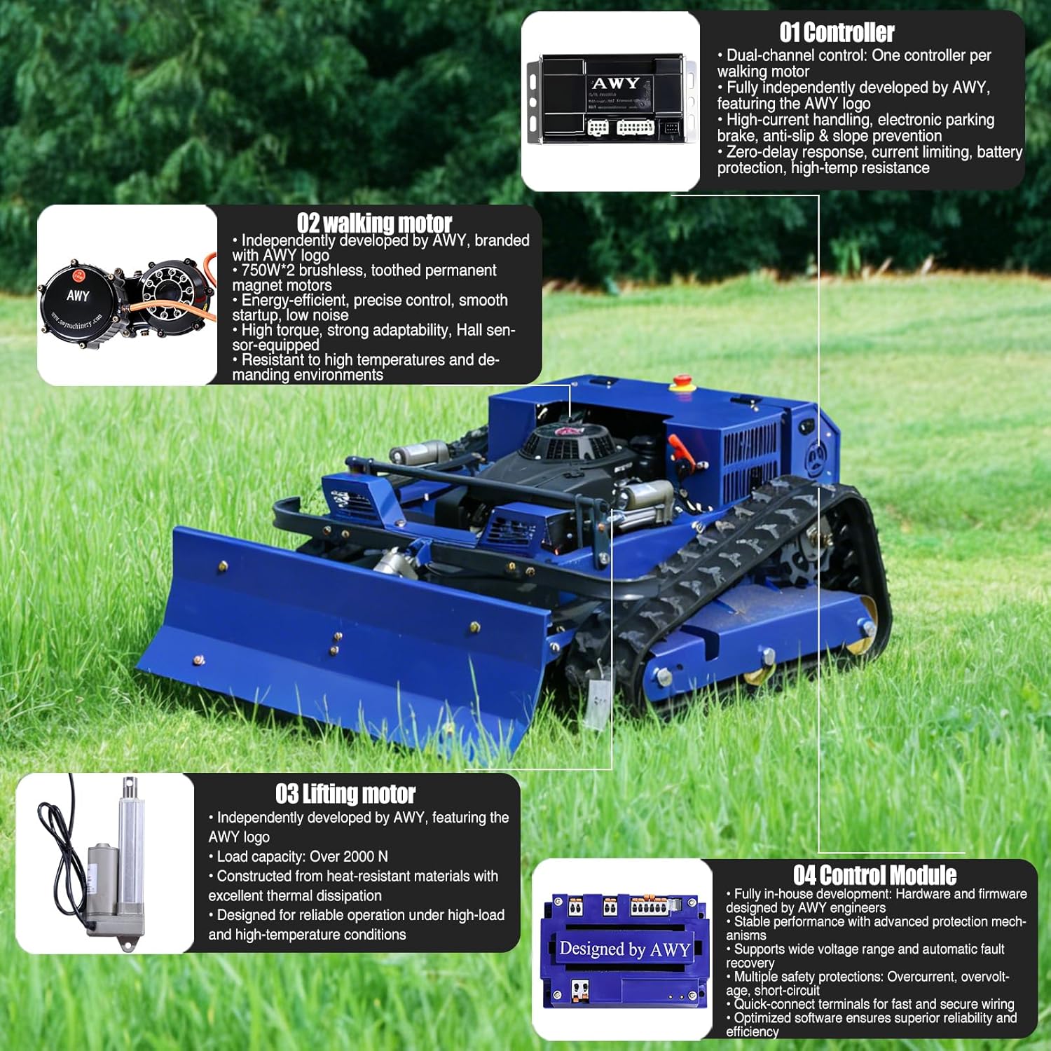 AIWEIYA Remote Control Lawn Mower, Hybrid Crawler Track Slope Mower